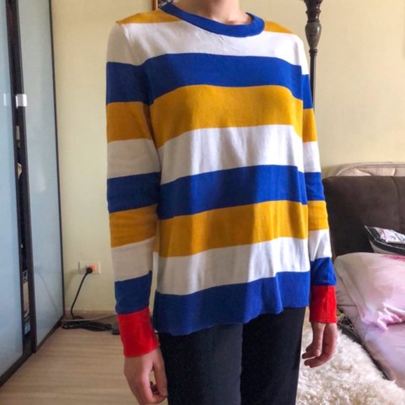 red blue yellow striped sweater